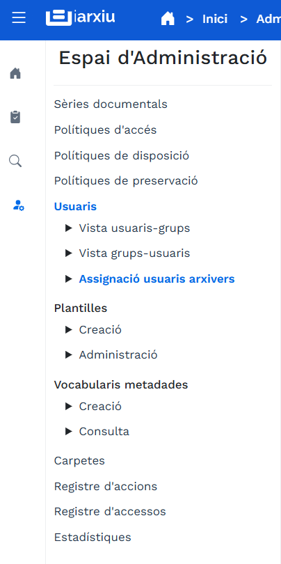 Menú administración archivero